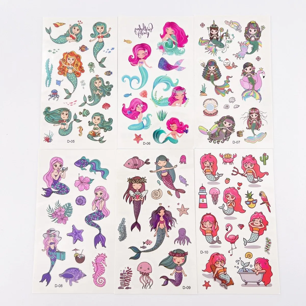 10 Sheets Cartoon Mermaid Tattoos for Birthday Party Supplies Temporary Tattoos