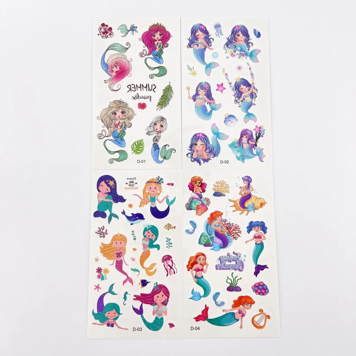 10 Sheets Cartoon Mermaid Tattoos for Birthday Party Supplies Temporary Tattoos