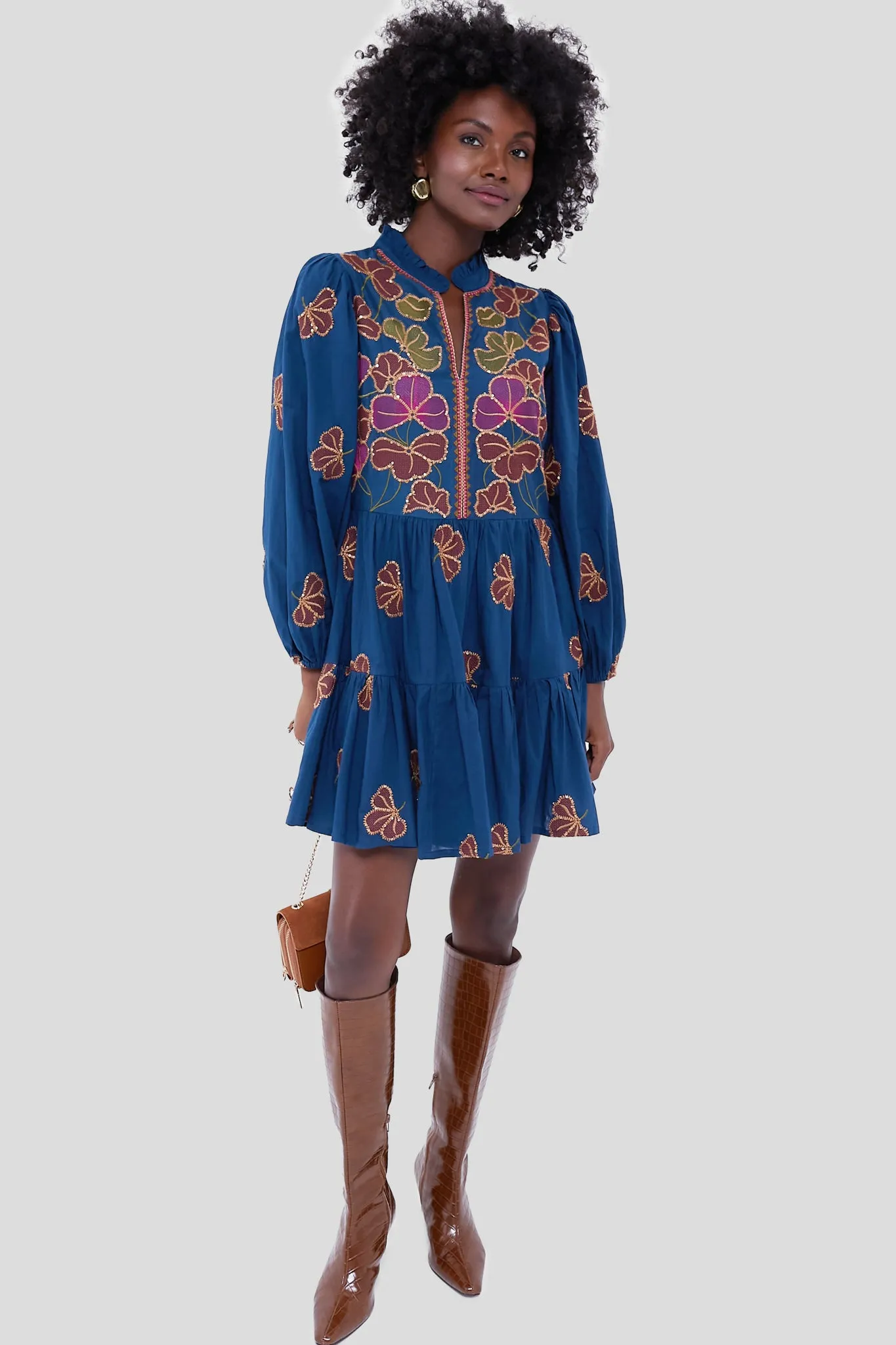 Almay Blue Long Sleeve Yoke Mini Dress