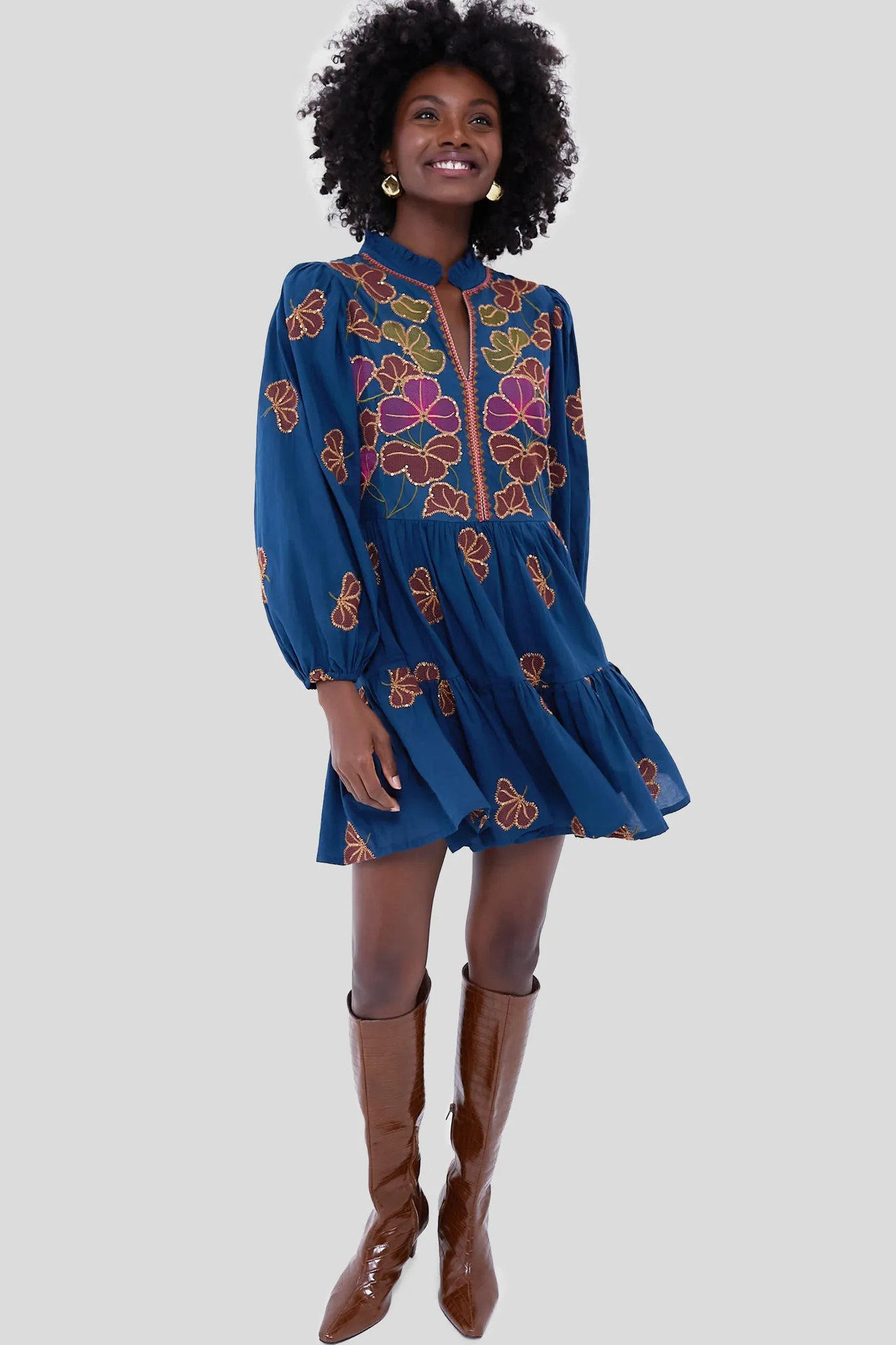 Almay Blue Long Sleeve Yoke Mini Dress