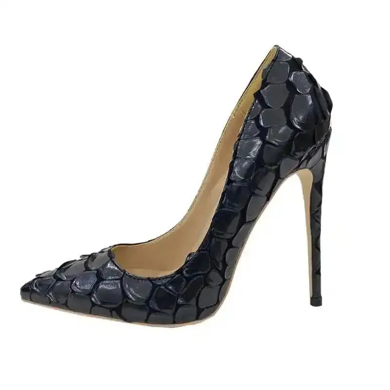 Black Python Pattern High Heels Women’s 12Cm Pointed Toe Stiletto Shoes