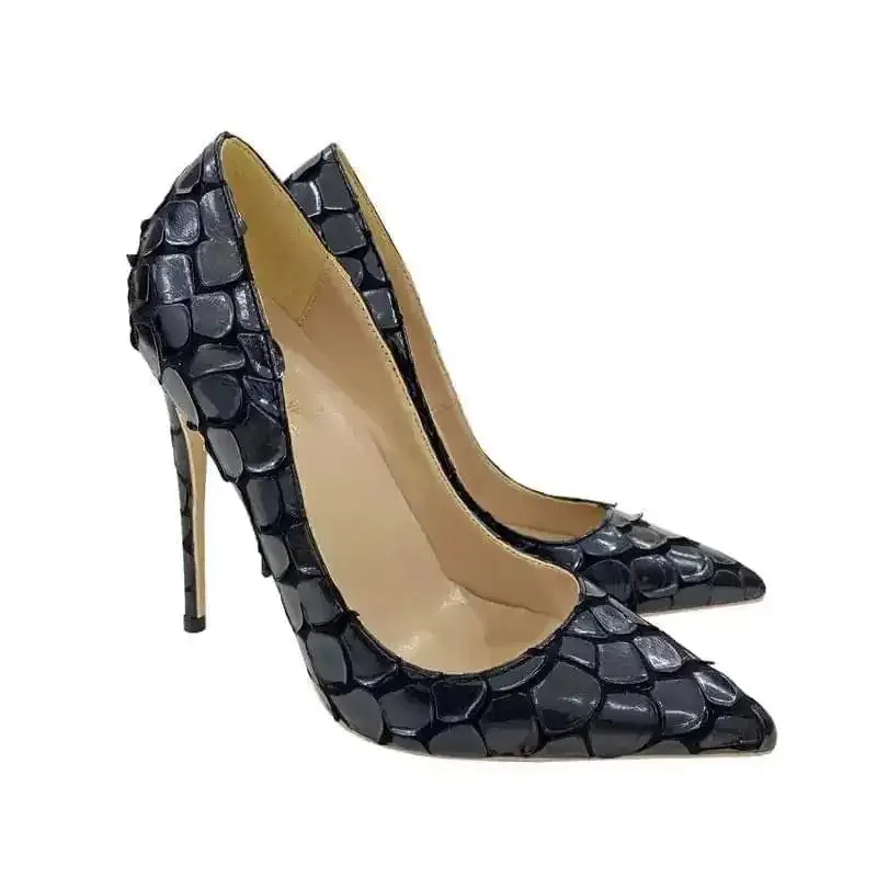 Black Python Pattern High Heels Women’s 12Cm Pointed Toe Stiletto Shoes