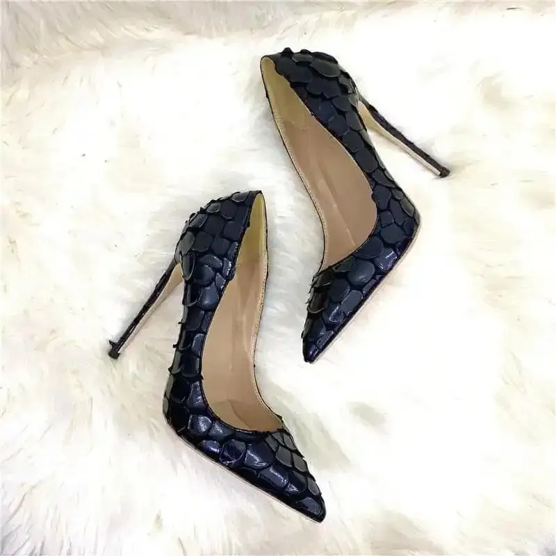 Black Python Pattern High Heels Women’s 12Cm Pointed Toe Stiletto Shoes