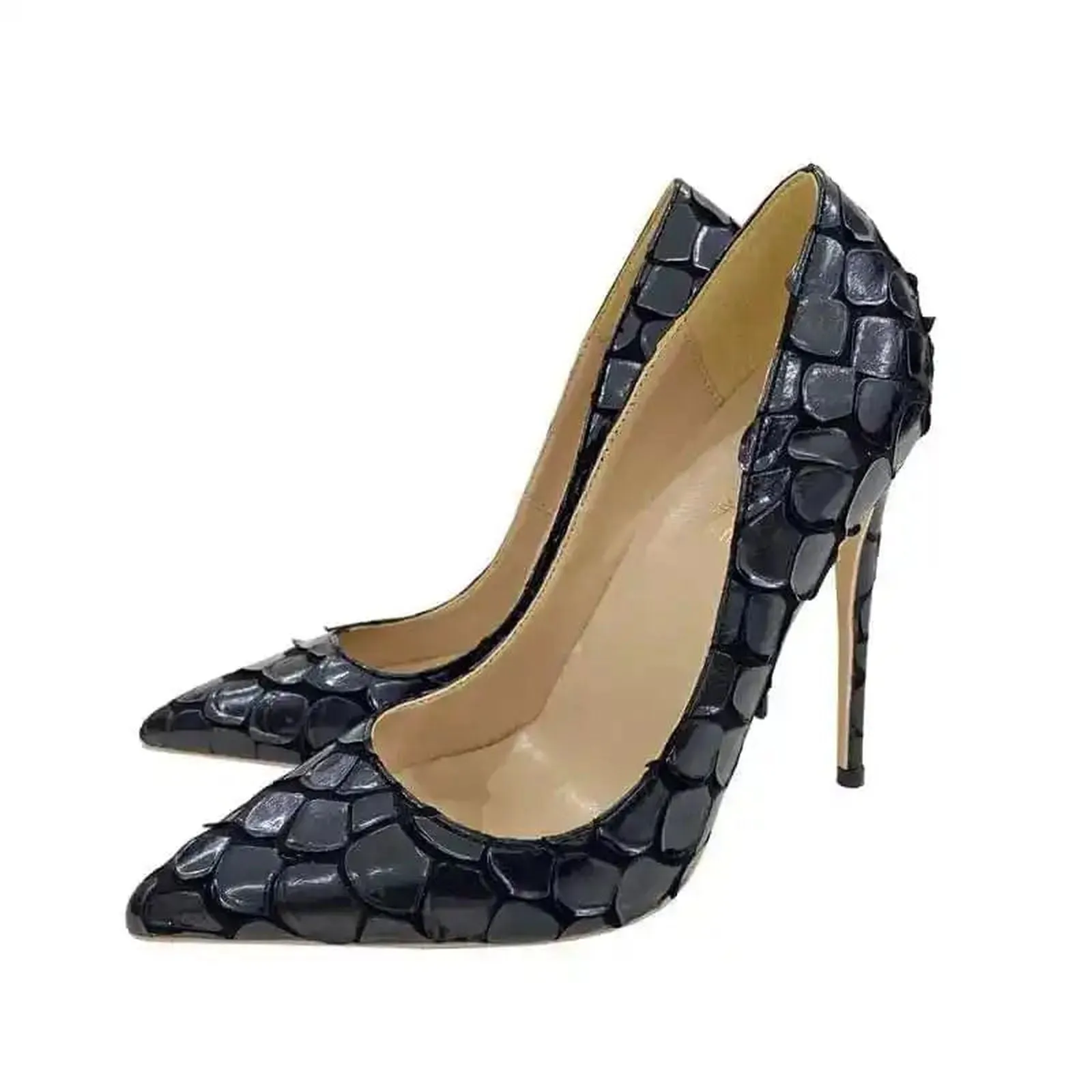 Black Python Pattern High Heels Women’s 12Cm Pointed Toe Stiletto Shoes