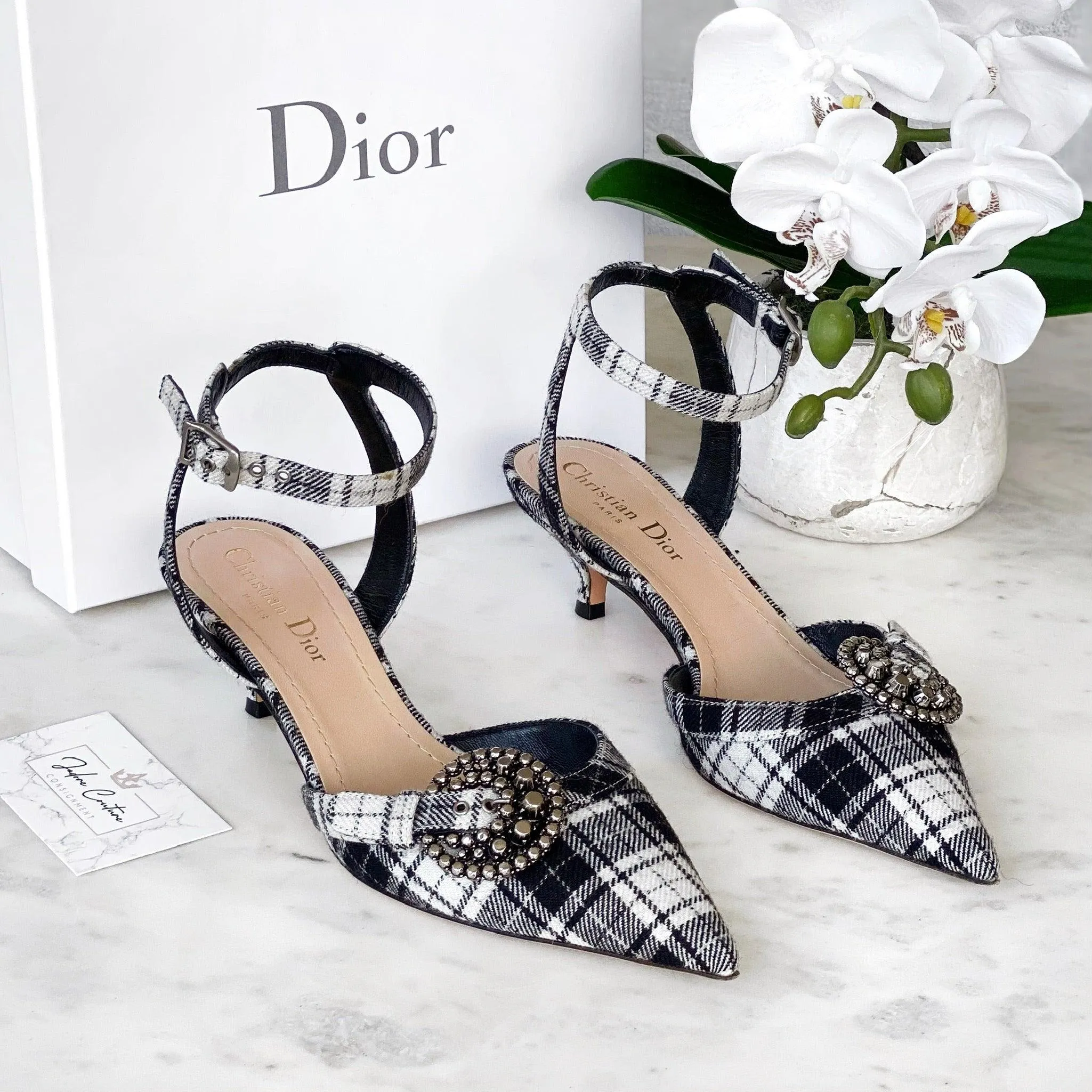 Dior Black & White Tarta Gang Slingback Pumps 36.5