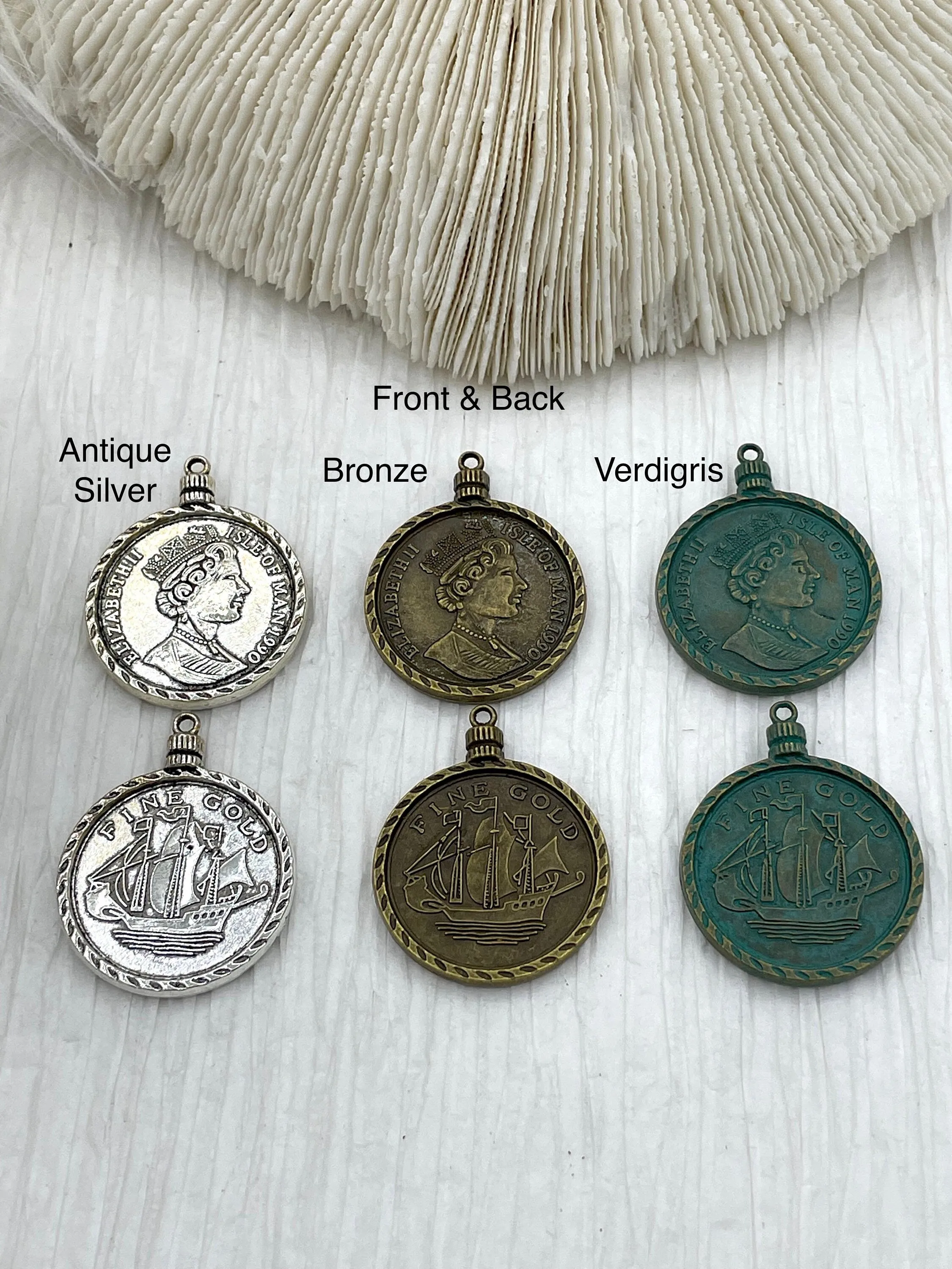 Elizabeth Isle of Man Coin Replica Pendant,  28mm x 3mm Thick 3 colors Bronze, Antique Silver Verdigris, . Fast Ship