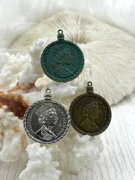 Elizabeth Isle of Man Coin Replica Pendant,  28mm x 3mm Thick 3 colors Bronze, Antique Silver Verdigris, . Fast Ship