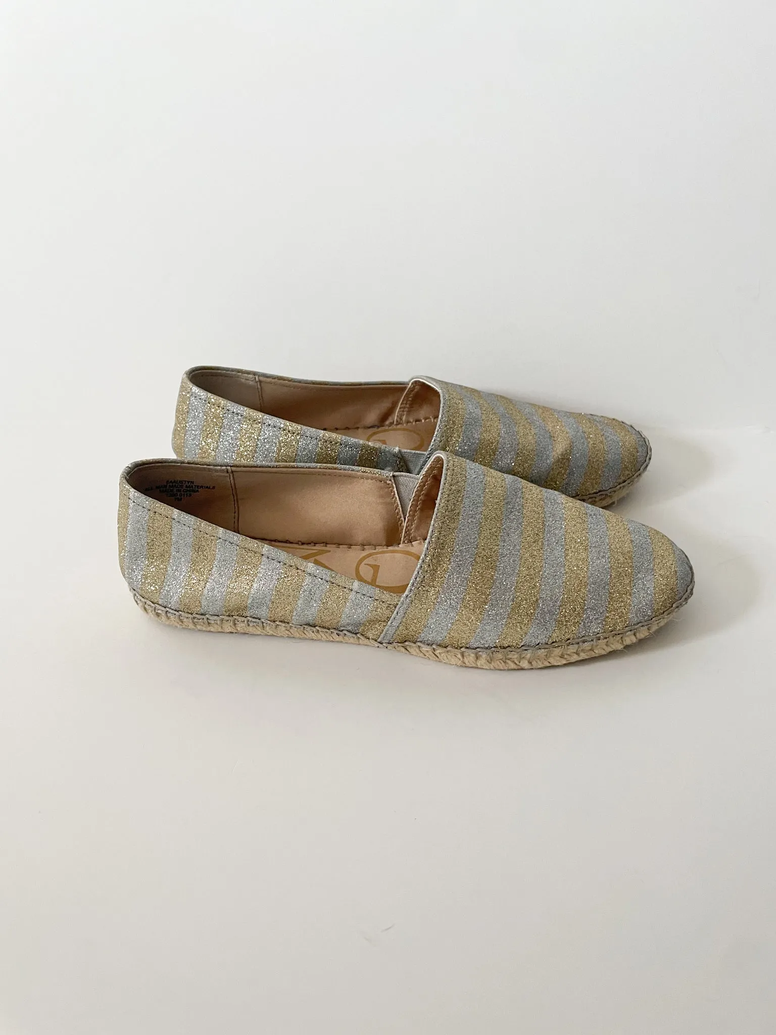 Enzo Angiolini Gold Silver Sparkle Stripe Flat Espadrilles - Size 7