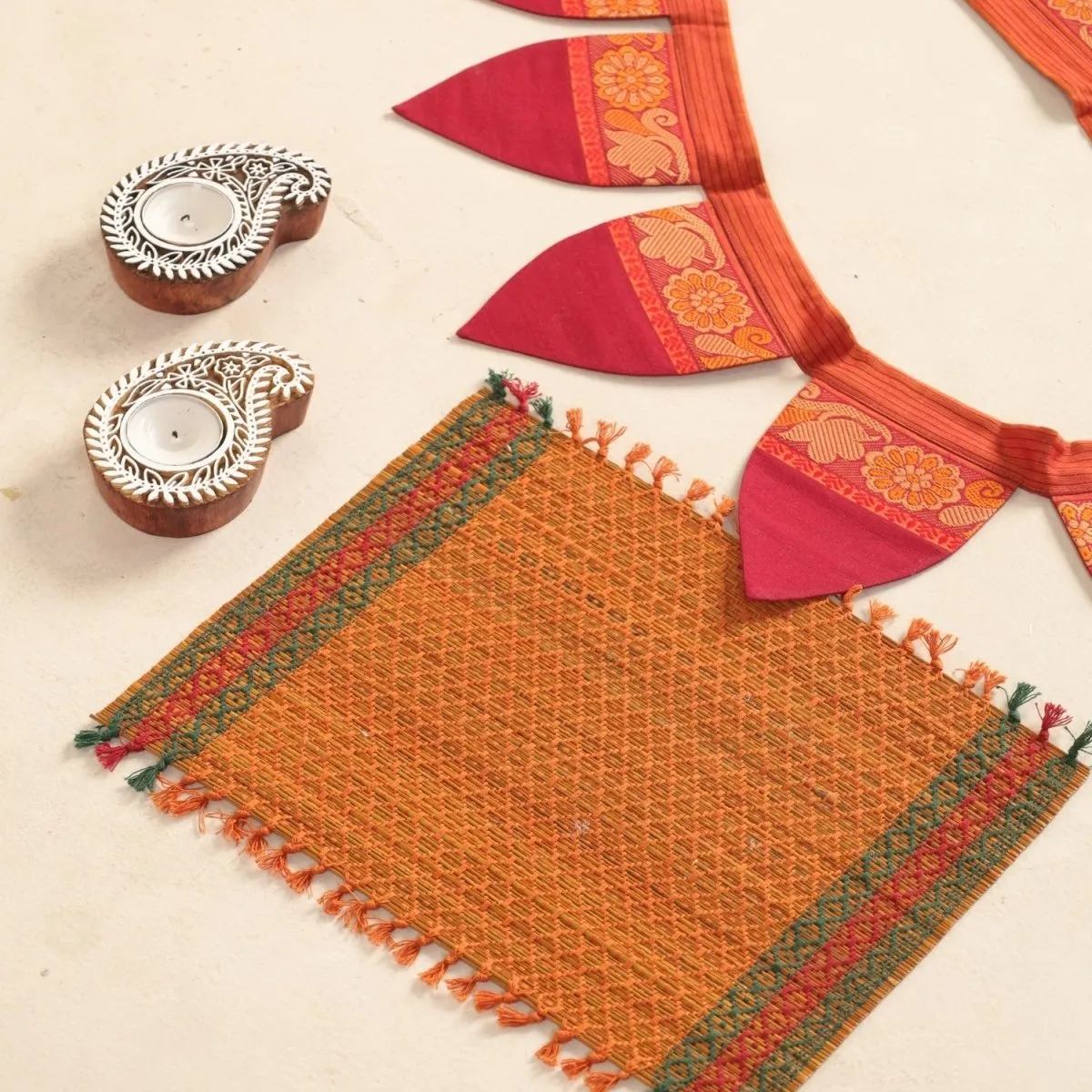 Handmade Cotton Fabric Toran, Engraved Diyas (2 pcs) with Rust Aasan Combo Set | Festive Decor Item | Handmade in India