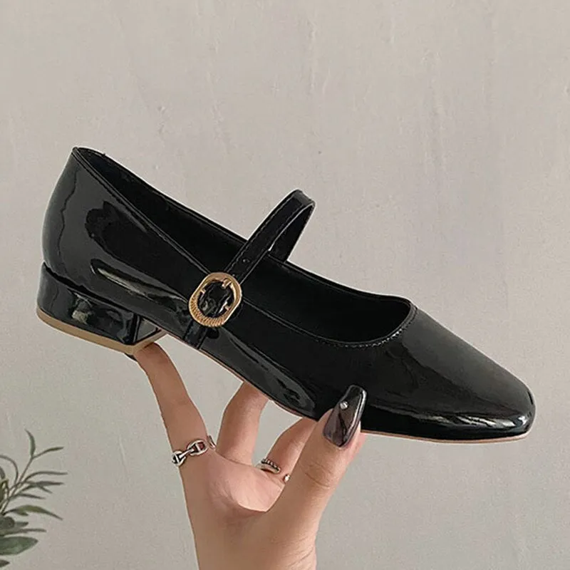 Joskka Ankle Strap Patent Leather Pumps for Women Low Heels Mary Jane Shoes Woman Elegant Office Dress Shoes Autumn Shoes