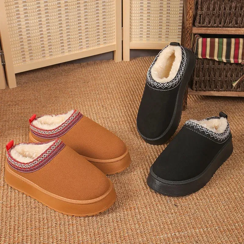 New Women Warm Suede  Snow Boots Autumn Winter Woman Slip on Platform Boats Round Head Hair Half Slipper Female Cotton Shoes