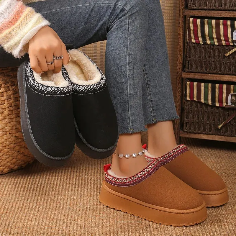 New Women Warm Suede  Snow Boots Autumn Winter Woman Slip on Platform Boats Round Head Hair Half Slipper Female Cotton Shoes