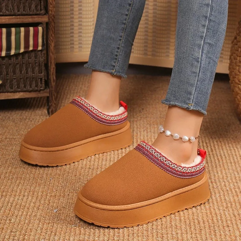 New Women Warm Suede  Snow Boots Autumn Winter Woman Slip on Platform Boats Round Head Hair Half Slipper Female Cotton Shoes