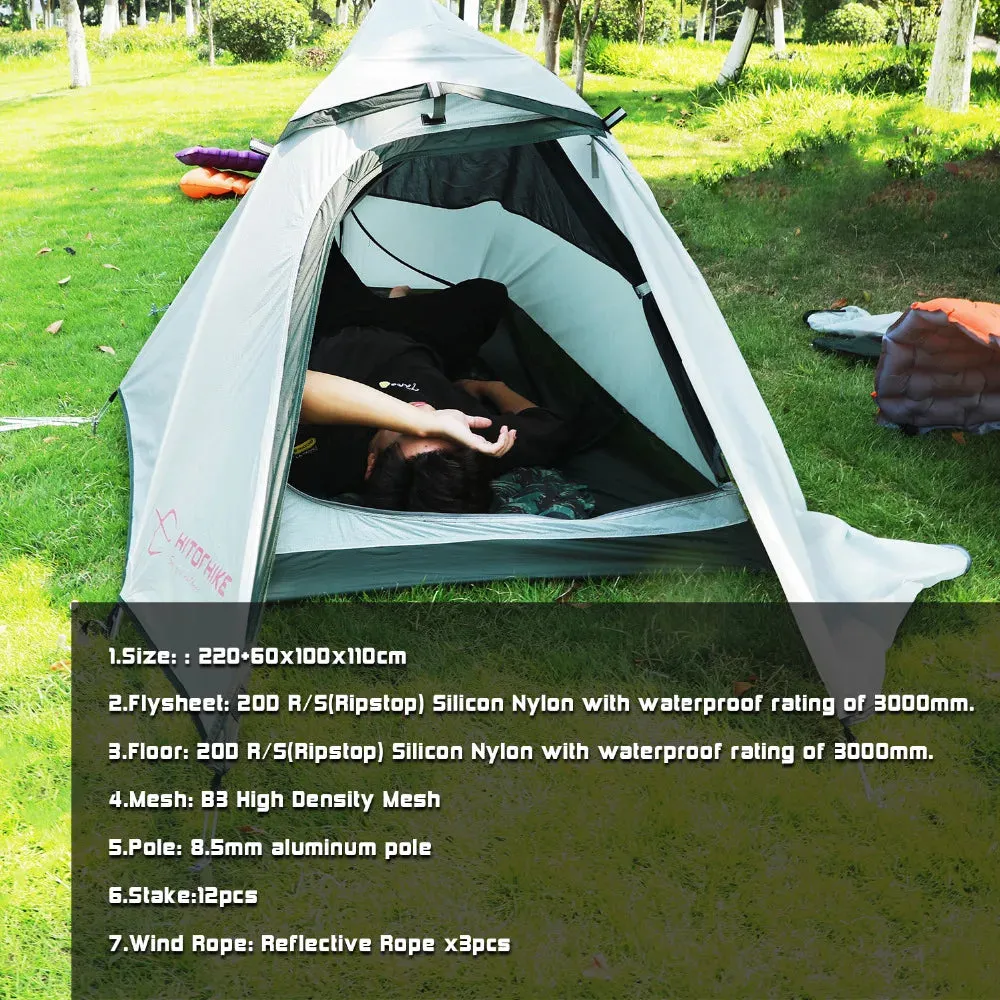 One Person Ultralight Tent 3 Season 20D Silnylon Rodless 1300g Easy Set Up By Pole