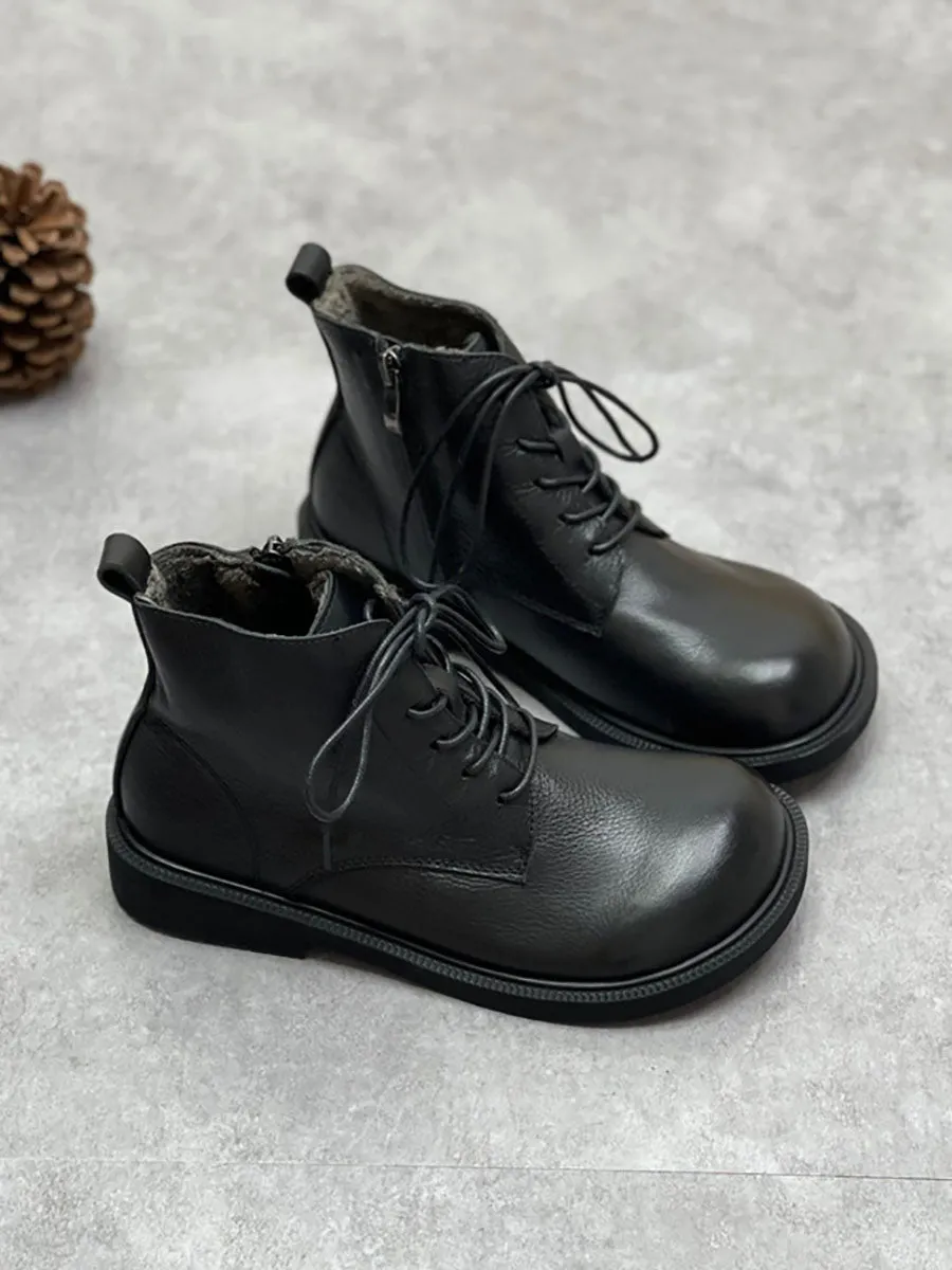 Women Autumn Solid Strap Zipper Genuine Leather Boots